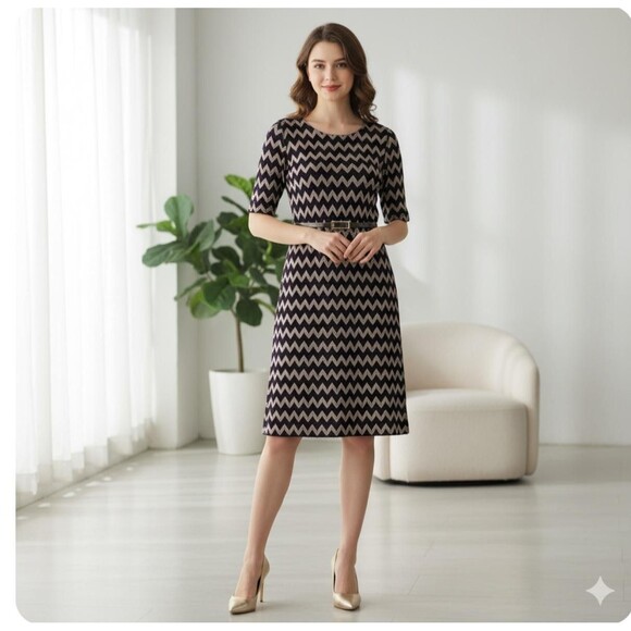 Connected Apparel Dress Womens 10 Black Gold Chevron Metallic Belted A-Line - Picture 13 of 13